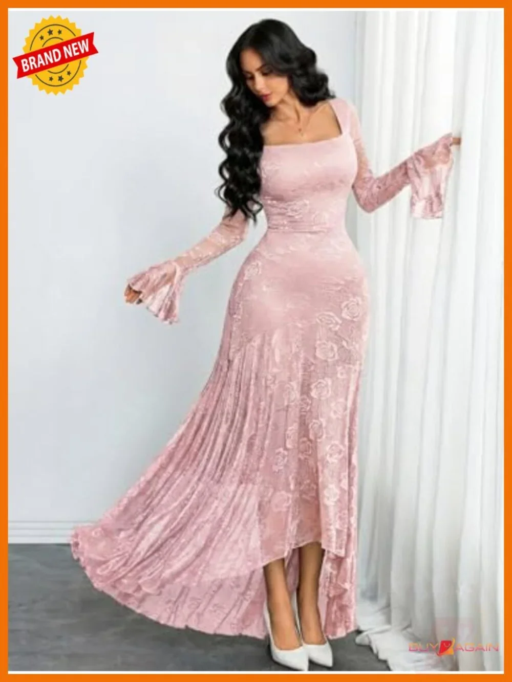Women's Lace Bodycon Dress Bell Sleeve Square Neck High Low Formal Party